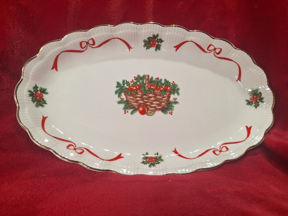 Walbrzych Holiday Ribbon Oval Serving Platter Christmas Basket Porcelain- Nice!